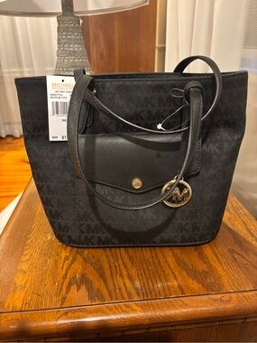 Michael Kors Black MK Monogram Tote with Gold Charm